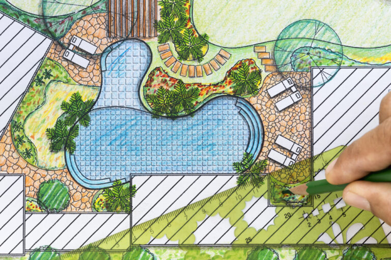 croquis d'un aménagement de jardin avec piscine